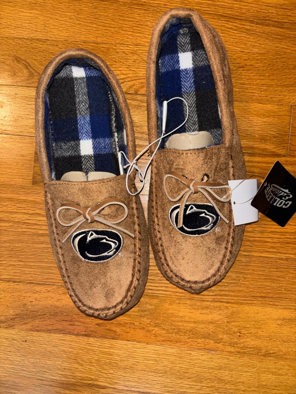 Women’s Tan Moccasin Slippers with Plaid Lining